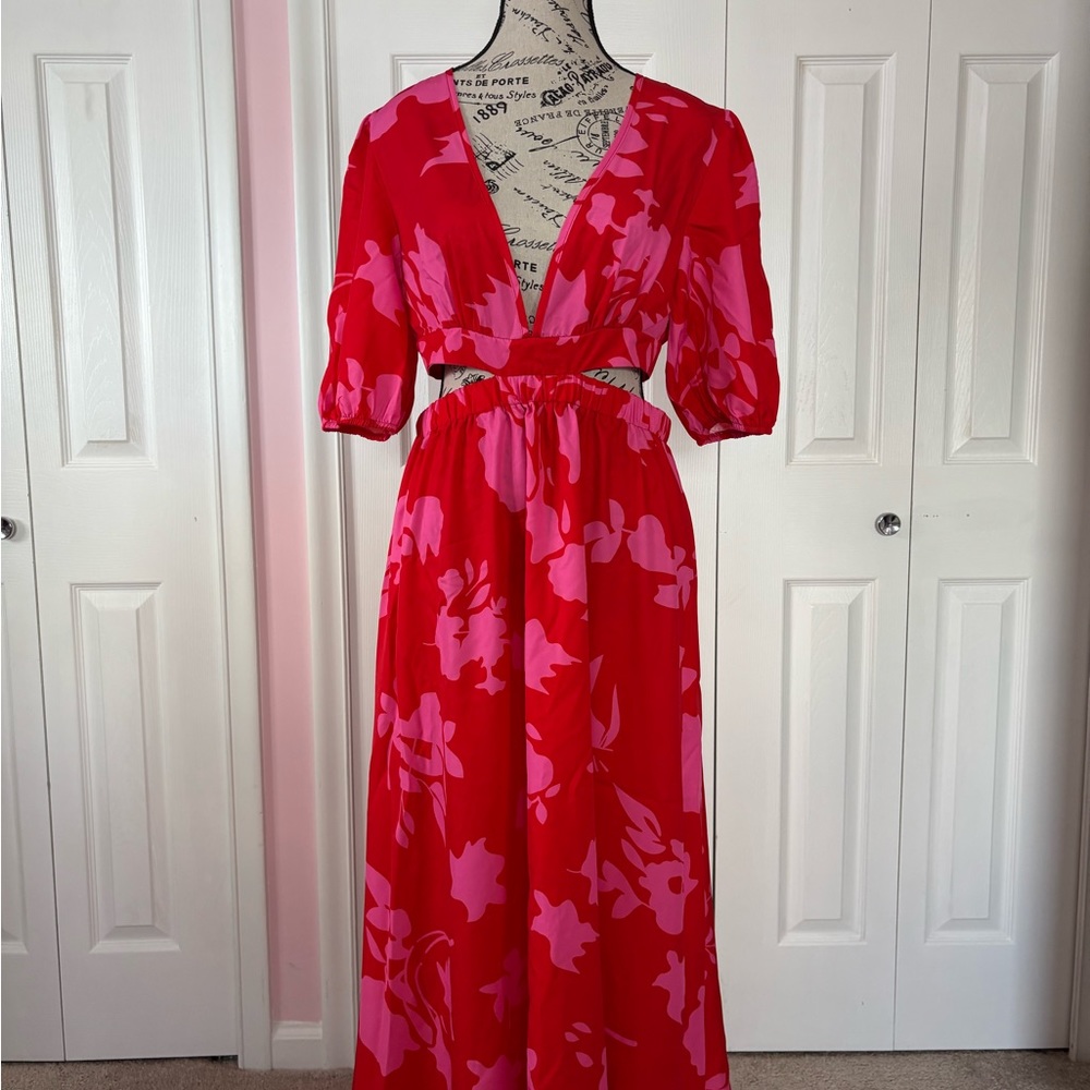 SHEIN Red Pink Plunge Midi Dress